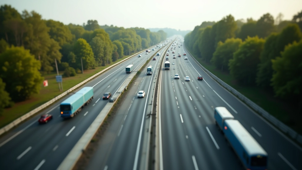 Moderne Eisenbahnlinie und Straßeninfrastruktur in Deutschland, Luftaufnahme von renoviertem Verkehrsnetz mit modernen Technologien