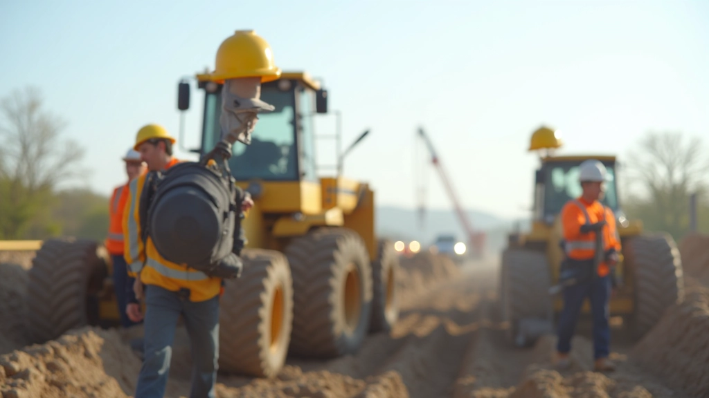 Baustelle mit Bauarbeitern und modernen Maschinen beim Straßenneubau