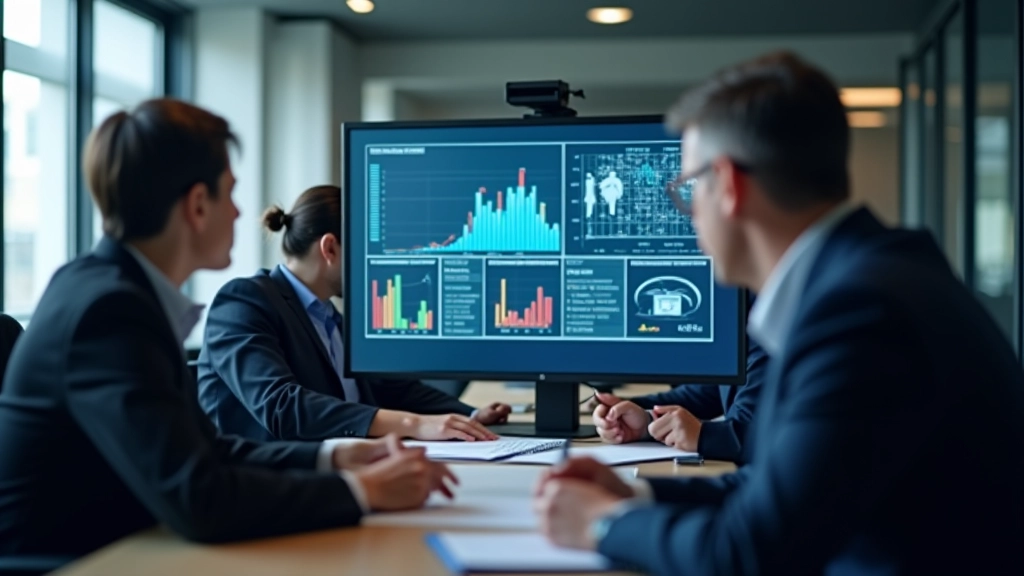 Fachleute diskutieren Fiskalpolitik-Daten in modernem Büro mit Analysen auf Bildschirmen