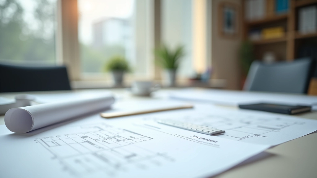 Planung von Infrastrukturprojekten mit Bauplänen und technischen Zeichnungen auf großem Schreibtisch